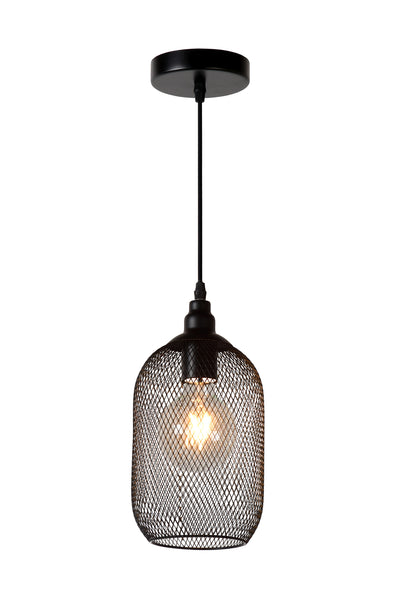 Suspension Lucide Mesh Noir, abat-jour rond en métal Ø150mm, douille E27 max 60W, hauteur réglable, IP20