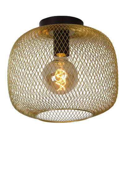 Plafonnier Lucide MESH cylindre métallique 30cm, douille E27, Noir Mat avec finition Or, style vintage IP20