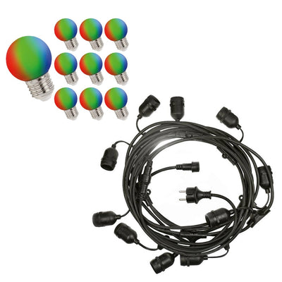 Guirlande lumineuse Spectrum prikkabel 10m avec 10x ampoules LED G45 RGB E27, 1W chacune, IP20 pour usage décoratif intérieur
