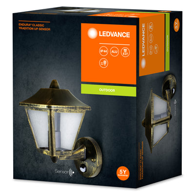 Ledvance ENDURA Classic Tradition Up Sensor Wandlamp E27 Goud Zwart Buiten IP44 Gietaluminium