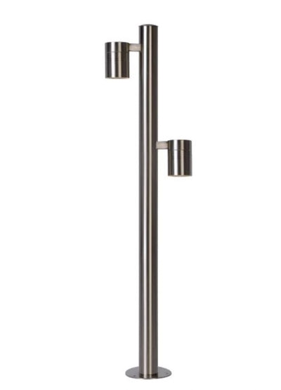Lampe de borne d’extérieur Lucide ARNE-LED, 2x5W GU10 LED 2700K, IP44, finition acier inoxydable chrome satiné