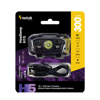 Technik Lampe frontale H15 LED rechargeable 300 lumens IP44 avec USB Type-C et capteur de mouvement