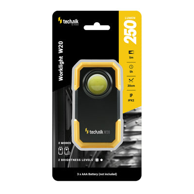 Technik LED zaklamp W20 COB 250 lumen, werkt op 3xAAA batterijen, witte kunststof behuizing, IPX2 met magneet en clip