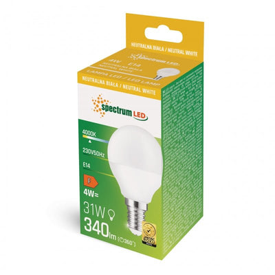 Spectrum LED Kogellamp E14 230V 4W 4000K Neutraal Wit 340 lumen >80CRI 160° stralingshoek