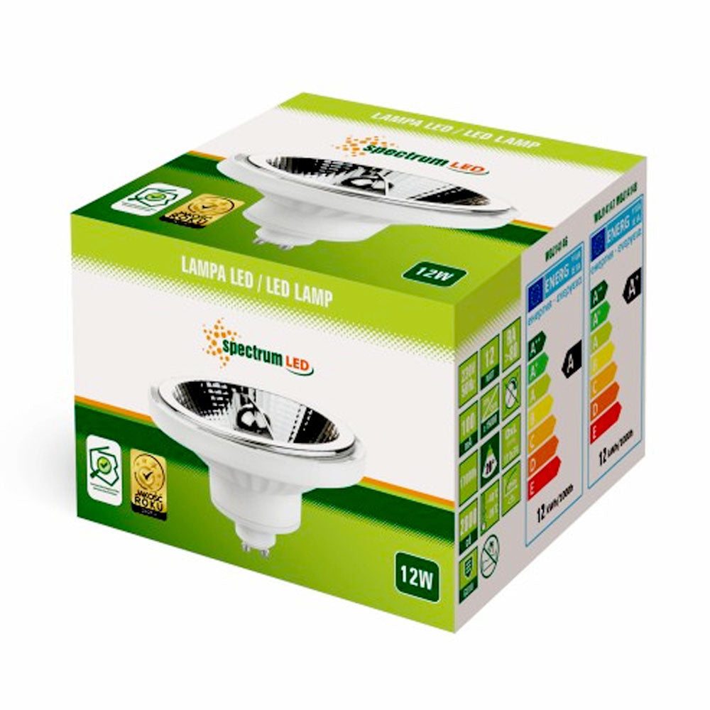 Spot LED Spectrum GU10 AR111 12W 3000K Blanc Chaud 800 lumens faisceau 20° 230V non dimmable