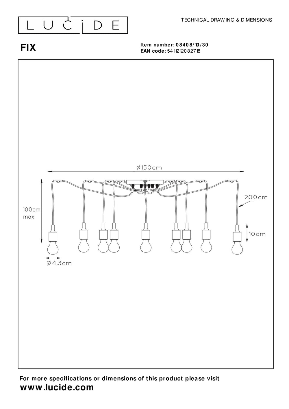 Lucide FIX multi hanglamp, 10xE27 fittingen, Zwart metalen frame, verstelbare hoogte, moderne plafondlamp