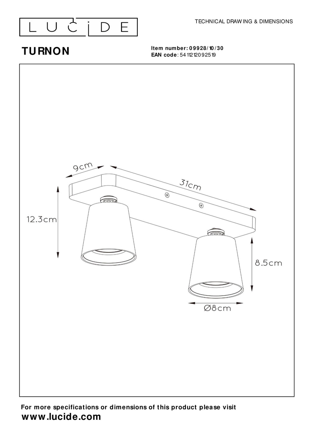Lucide TURNON Spot de plafond LED, 2x5W GU10, dim to warm 2200K-3000K, Aluminium Noir, IP20