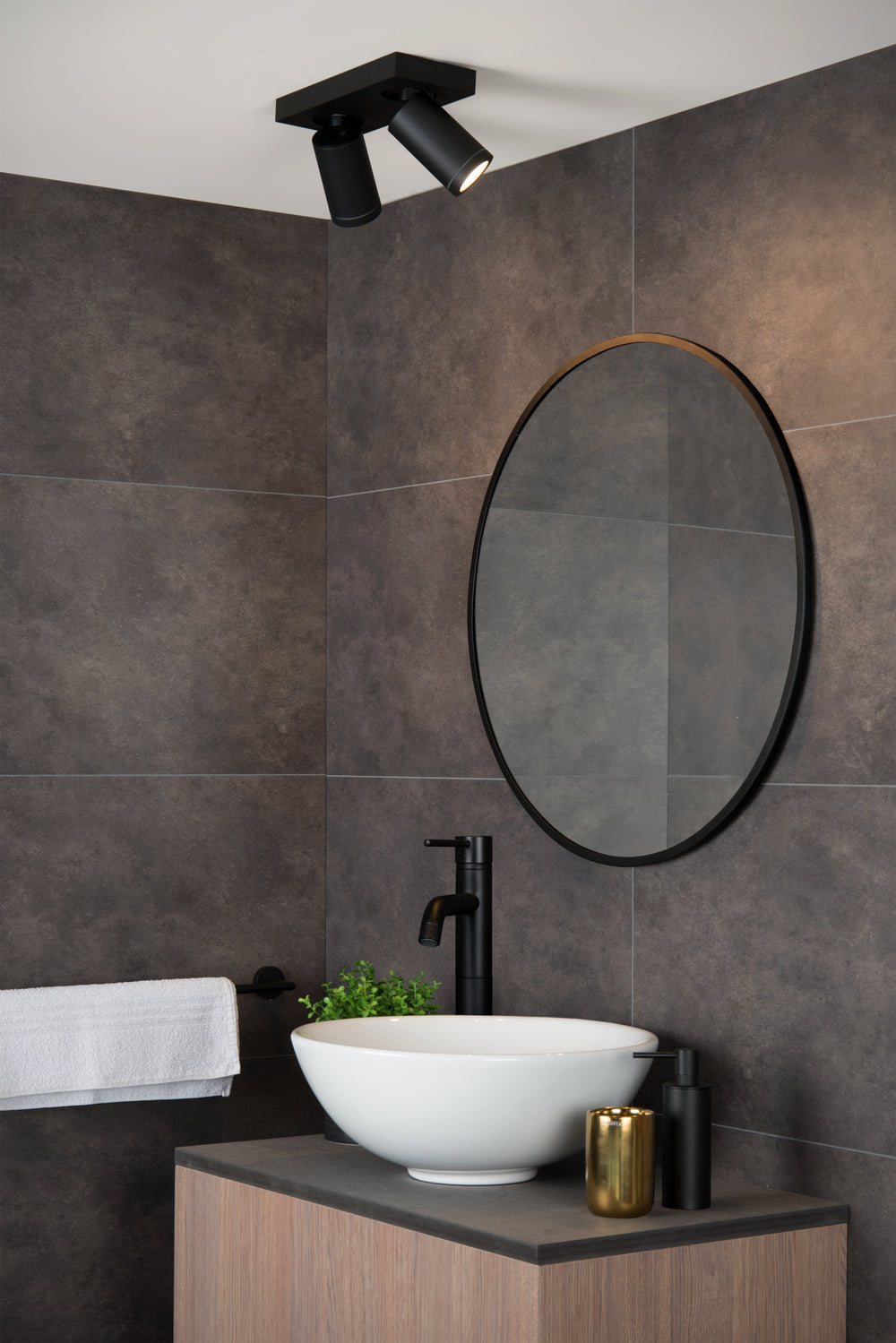 Spot LED plafond Lucide TAYLOR, 2x5W GU10 dim to warm 2200K-3000K, éclairage salle de bain IP44 Noir