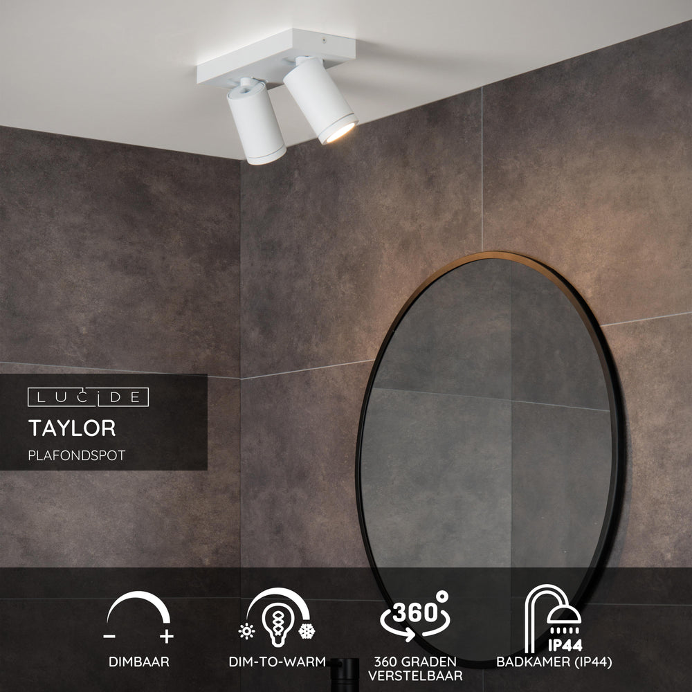 Lucide TAYLOR spot plafonnier LED salle de bain, 2x5W GU10, 2200K-3000K dim to warm, IP44 Blanc Sable