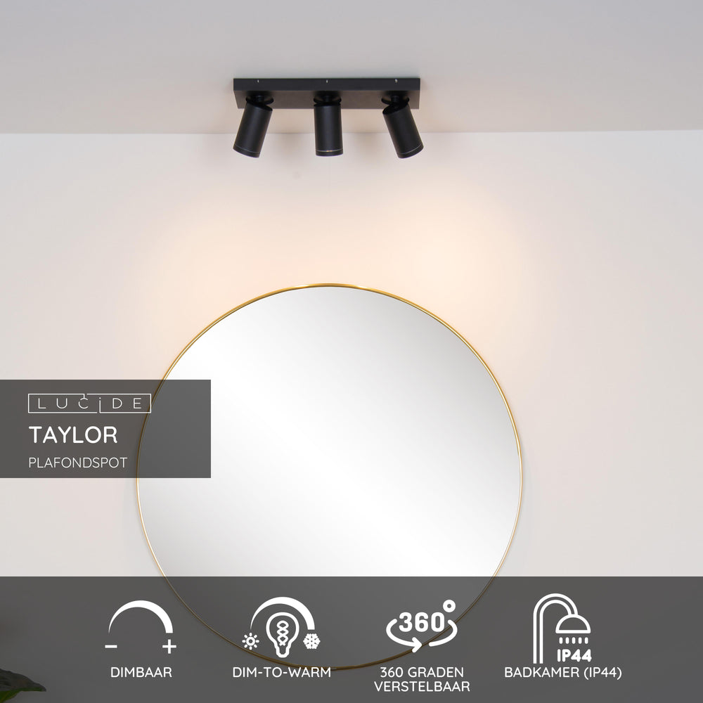 Spot plafonnier LED Lucide Taylor pour salle de bain, 3x5W GU10 dim to warm 2200K-3000K, IP44, Noir Sable