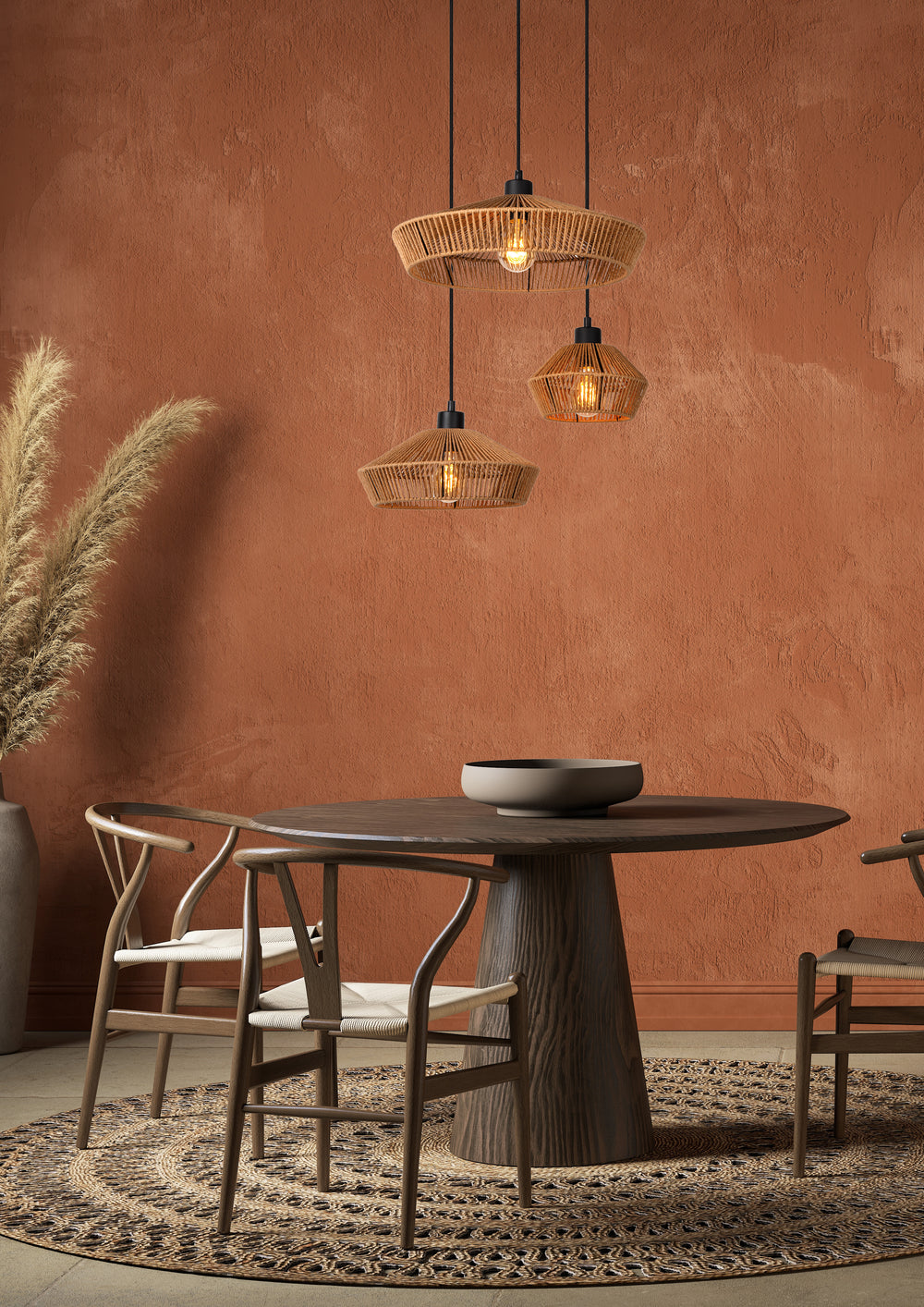 Lucide YUNKAI hanglamp Ø60cm, 3xE27, natuurlijke papieren kap, zwarte plafondplaat, Scandinavische stijl, IP20