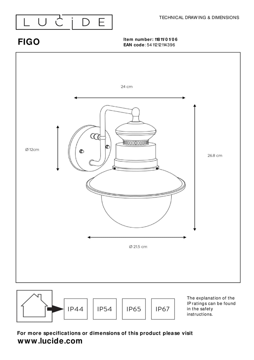 Applique murale Lucide FIGO intérieur extérieur ronde 215mm douille E27 IP44 acier galvanisé finition noire