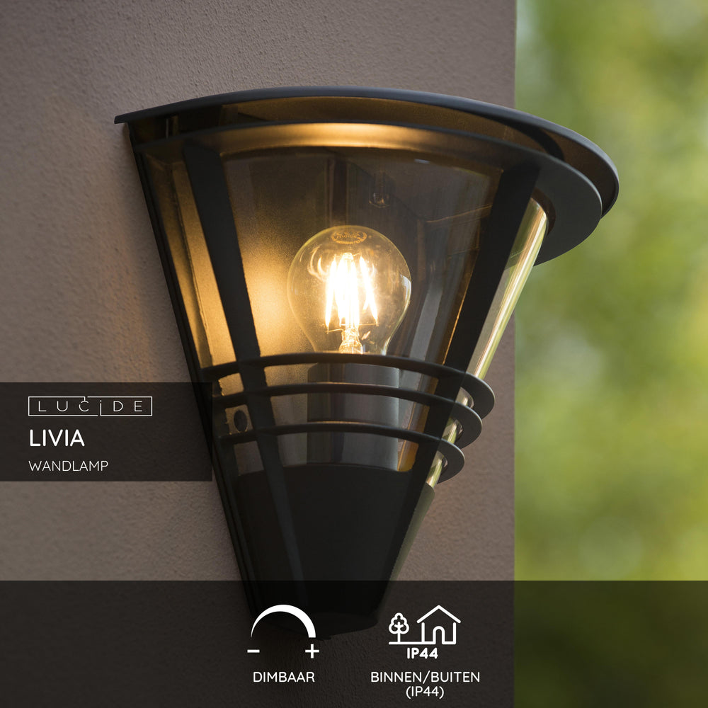 Lucide LIVIA wandlamp Zwart, modern aluminium, E27 fitting, 60W max, IP44 buiten binnen verlichting