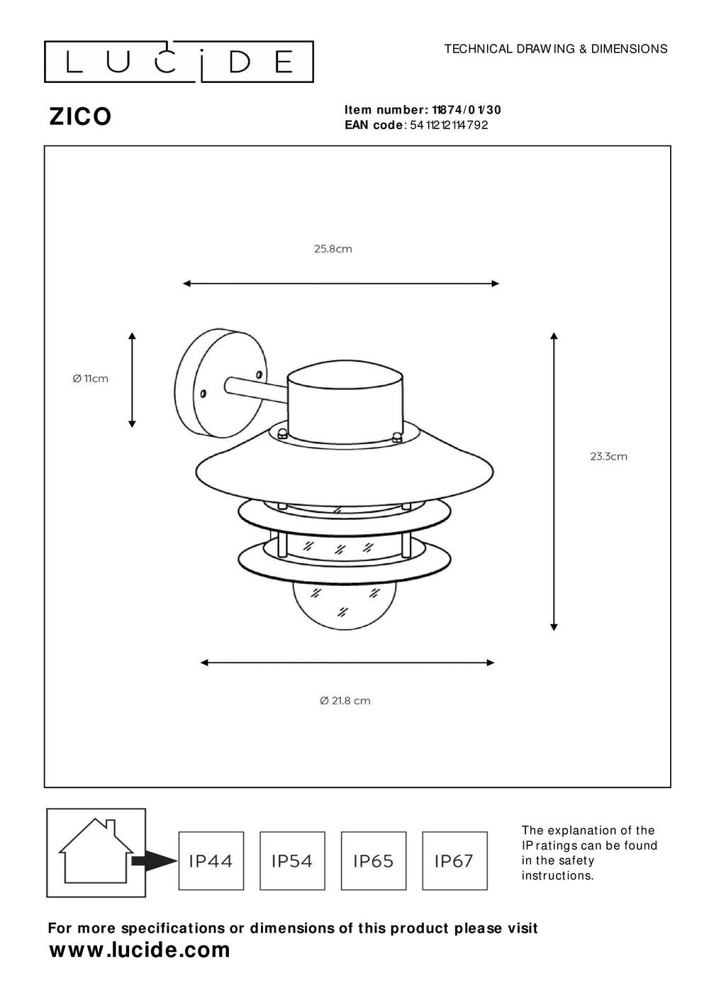 Lucide ZICO wandlamp Zwart, Buiten/Binnen, 1xE27 fitting, 60W max, IP44, Roestvrij staal/Aluminium behuizing