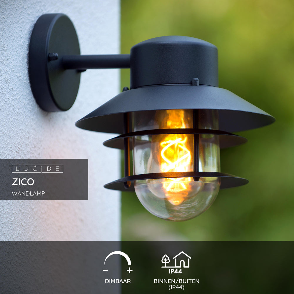 Lucide ZICO wandlamp Zwart, Buiten/Binnen, 1xE27 fitting, 60W max, IP44, Roestvrij staal/Aluminium behuizing