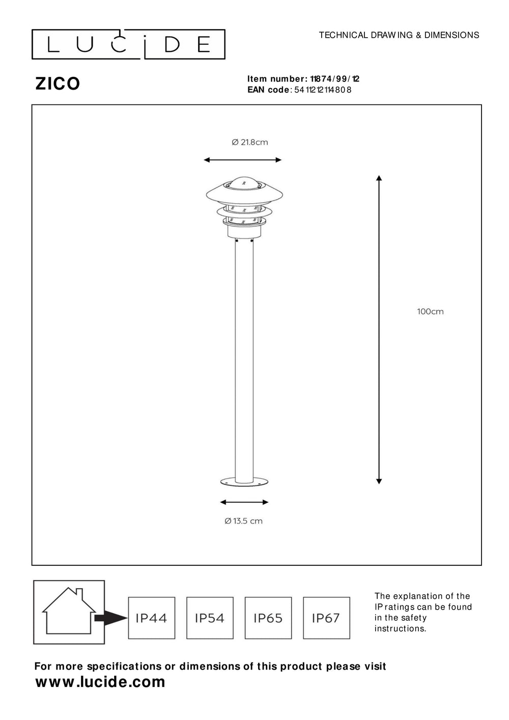 Poteau lanterne d’extérieur Lucide Zico, IP44 acier inoxydable, 1xE27 60W max, hauteur 1000mm design classique