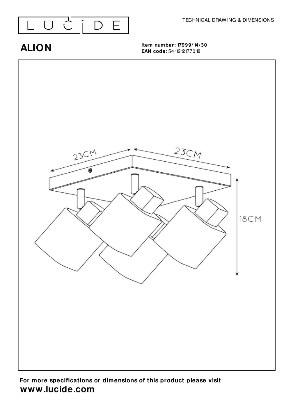 Spot plafonnier Lucide ALION 4xE14 Noir, orientable 360°, dimmable intérieur rétro métal carré IP20