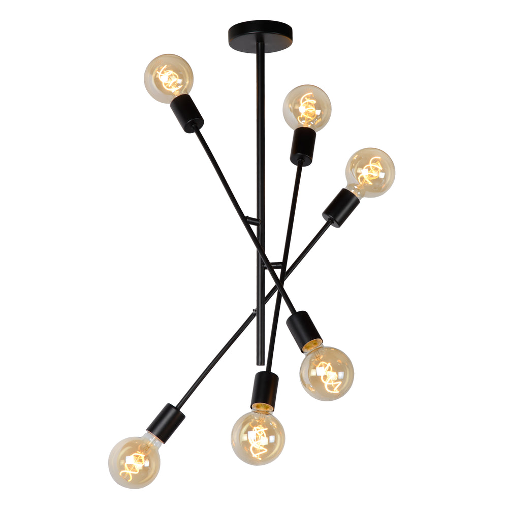 Lucide LESTER plafonnier, 6x douilles E27, 220-240V, dimmable, design moderne en métal Noir Mat, IP20