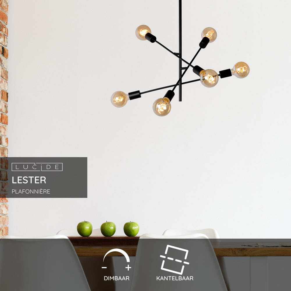 Lucide LESTER plafonnier, 6x douilles E27, 220-240V, dimmable, design moderne en métal Noir Mat, IP20