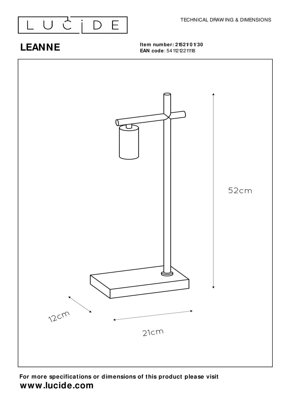 Lampe de table Lucide LEANNE, douille E27, 40W max, 220-240V, IP20, métal noir mat moderne, hauteur 52cm