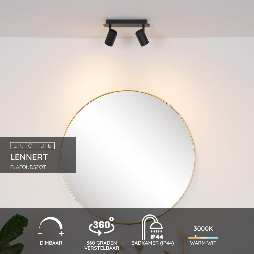 Lucide LENNERT LED badkamer plafonnière spot, 2x5W GU10 dimbaar, 3000K, IP44, Zand Mat Zwart