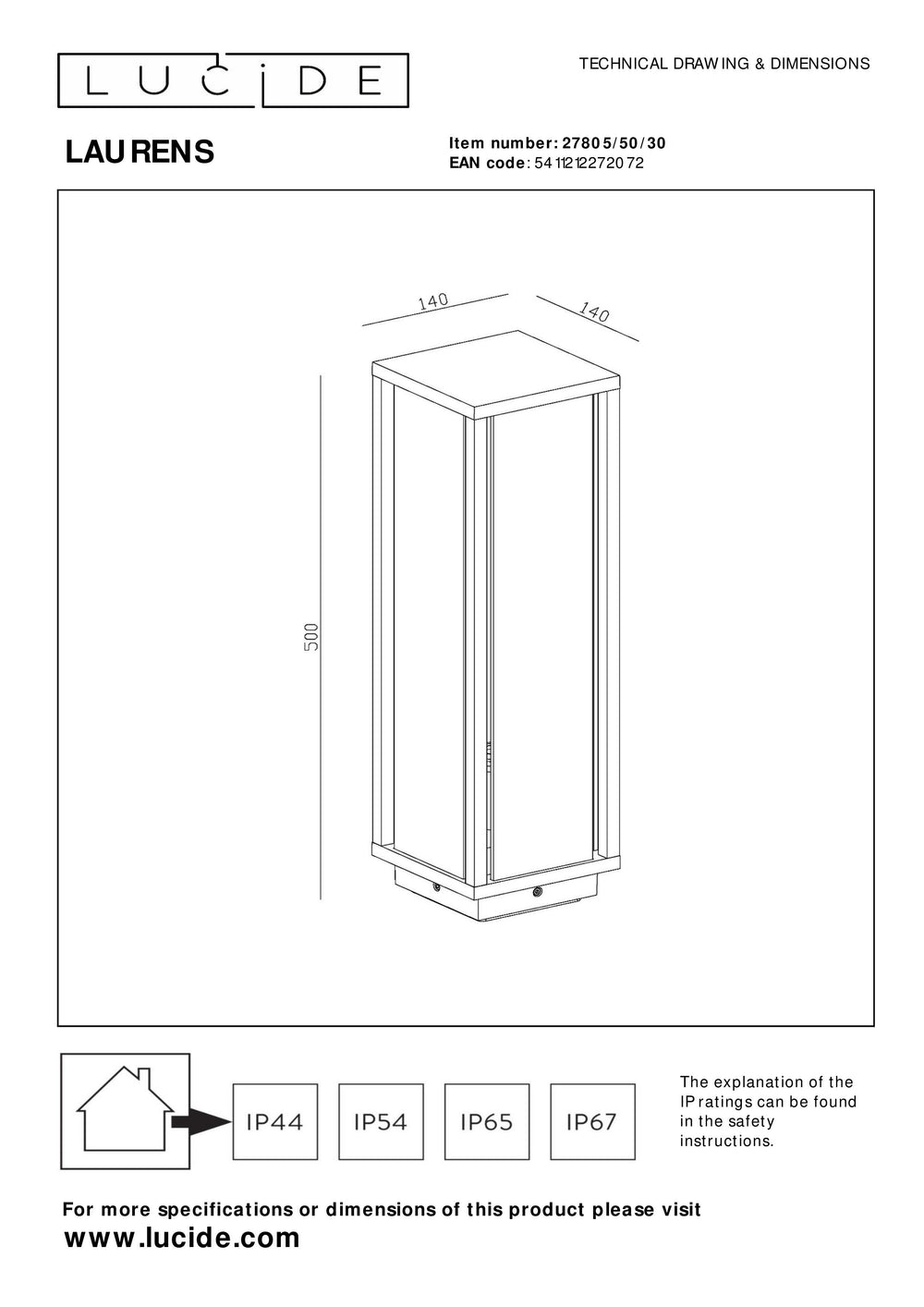 Lucide Laurens buiten sokkellamp, E27 fitting, IP54 waterdicht, Zwart metalen behuizing met glazen diffuser