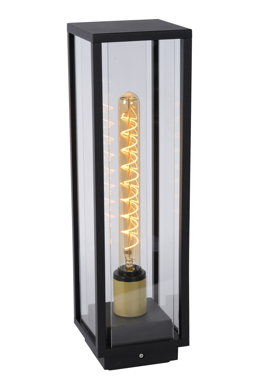 Lucide Laurens buiten sokkellamp, E27 fitting, IP54 waterdicht, Zwart metalen behuizing met glazen diffuser