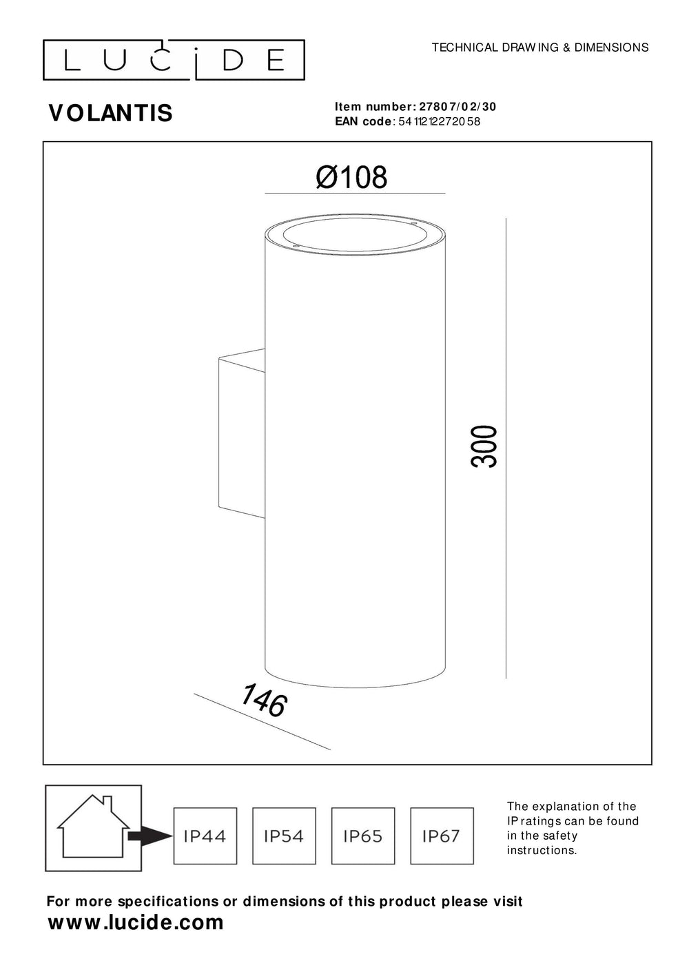 Lucide VOLANTIS Zwarte buitenwandlamp, 2xE27, IP54, uplight & downlight, moderne aluminium cilinder