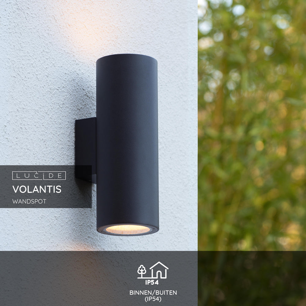Lucide VOLANTIS Zwarte buitenwandlamp, 2xE27, IP54, uplight & downlight, moderne aluminium cilinder
