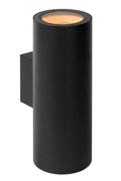 Lucide VOLANTIS Zwarte buitenwandlamp, 2xE27, IP54, uplight & downlight, moderne aluminium cilinder