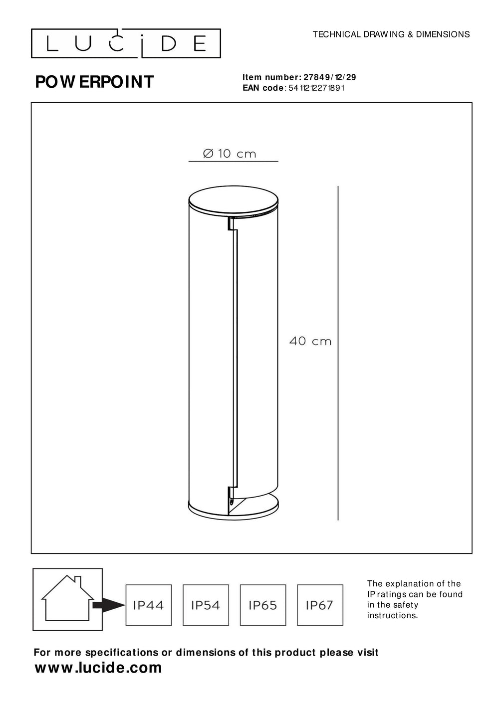 Lucide buiten stopcontactzuil IP44, Type F geaarde stopcontacten, aluminium antraciet afwerking, 40cm hoogte