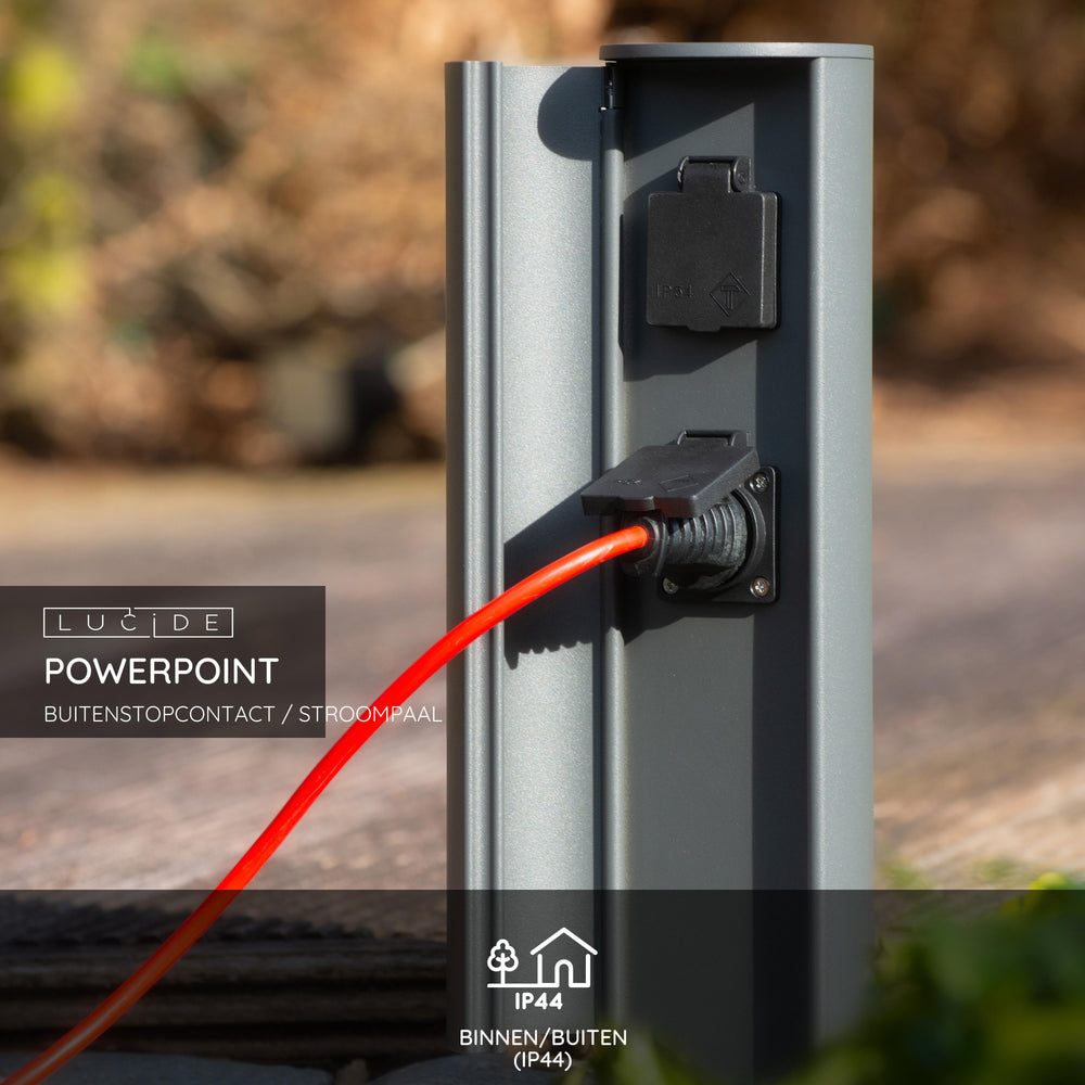 Lucide buiten stopcontactzuil IP44, Type F geaarde stopcontacten, aluminium antraciet afwerking, 40cm hoogte