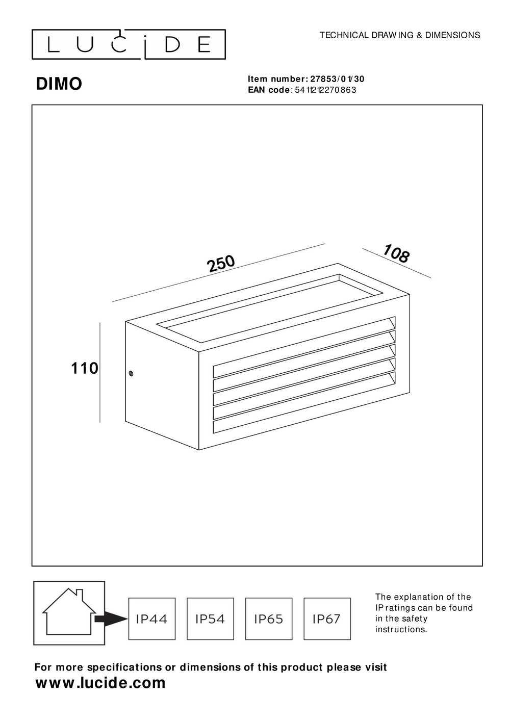 Lucide DIMO wandlamp Antraciet, binnen buiten, E27 fitting, IP54, rechthoekige aluminium behuizing