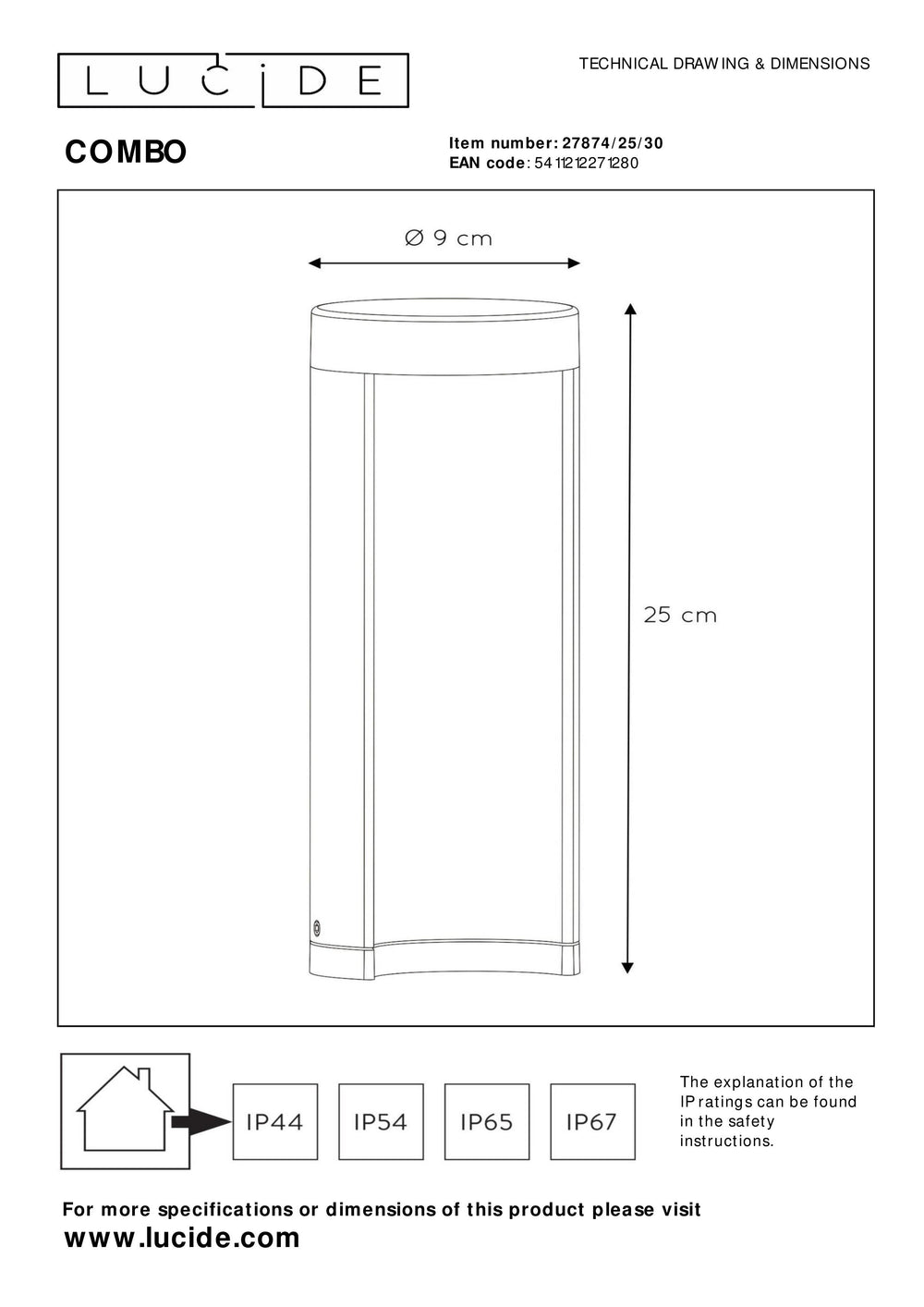 Lucide COMBO LED tuin sokkellamp, 9W 3000K, IP54 Zwart aluminium, 250mm moderne buitenbollard