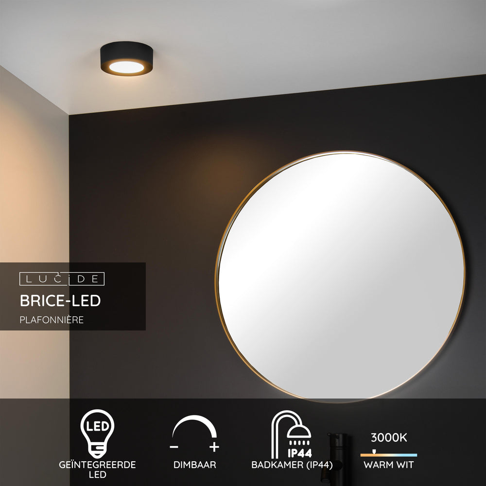 Lucide BRICE Plafonnier LED pour salle de bain, rond 8W dimmable 3000K IP44 Noir Mat Ø117mm