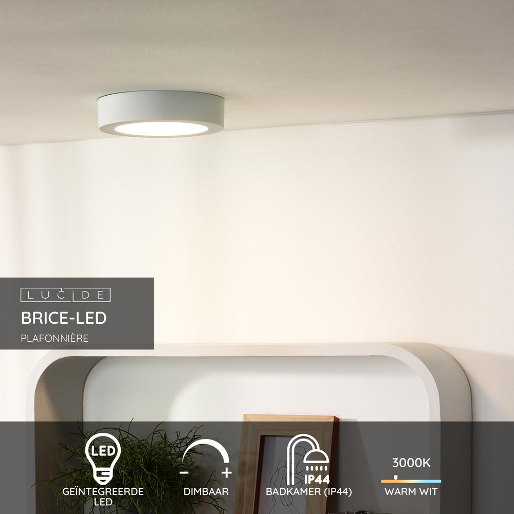 Plafonnier de salle de bains LED Lucide BRICE, rond 18 cm, dimmable 12W 3000K, IP44 Blanc
