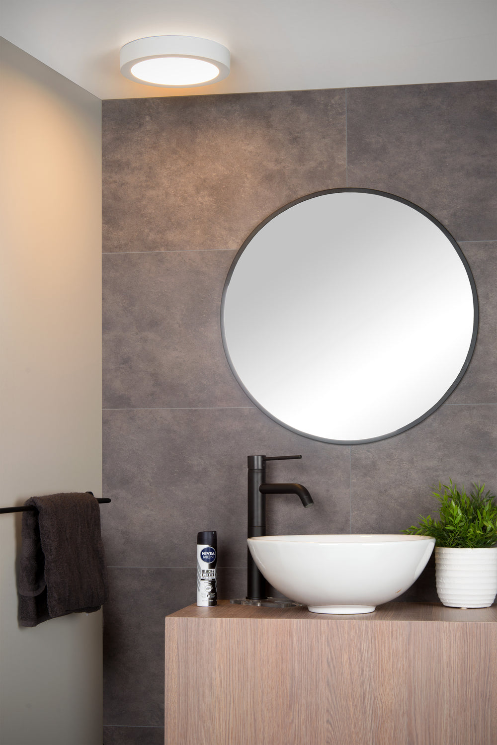 Lucide BRICE LED badkamer plafondlamp, dimbaar 15W 3000K, IP44 rond 24cm Wit modern design