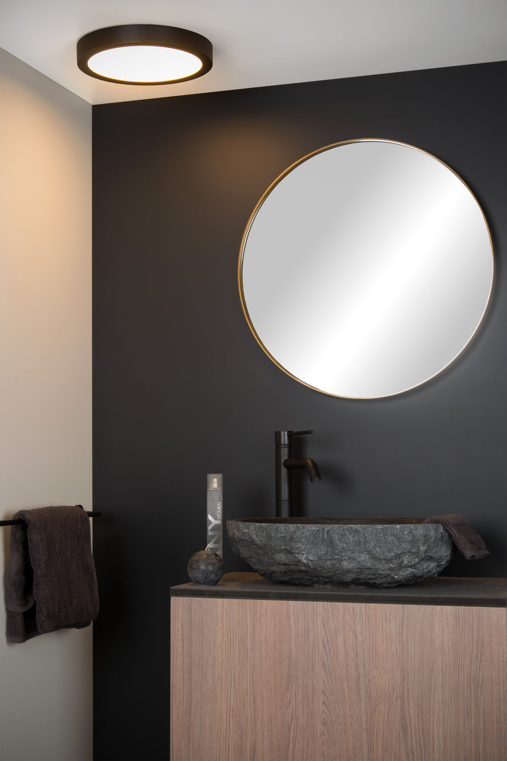 Lucide BRICE LED plafondlamp, 30W 3000K dimbaar, IP44 rond 30cm, Mat Zwart, moderne badkamerverlichting