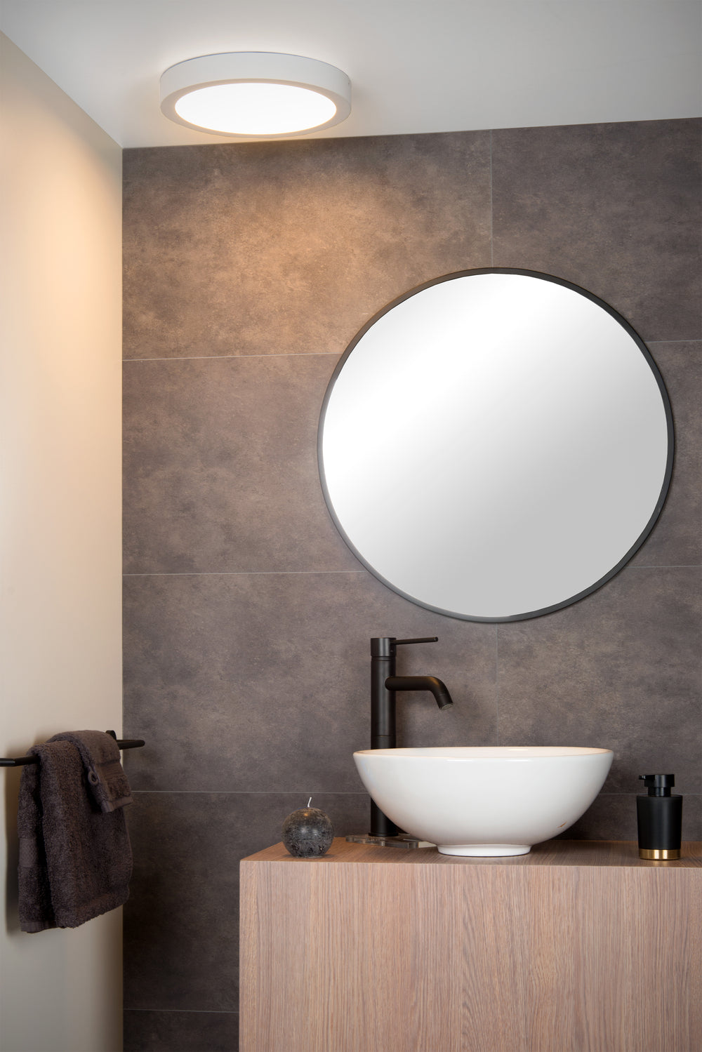 Lucide BRICE LED badkamer plafondlamp, dimbaar 30W 3000K, rond 300mm, IP44, Witte afwerking