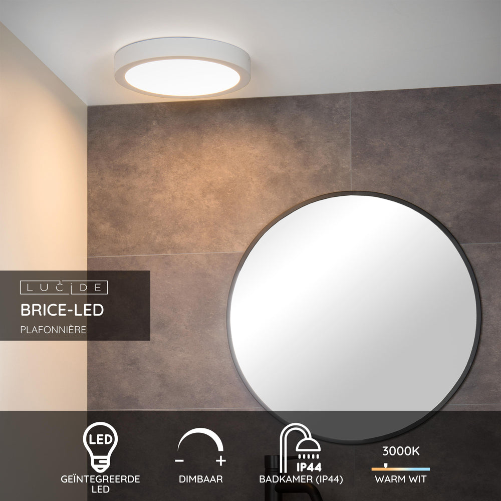 Lucide BRICE LED badkamer plafondlamp, dimbaar 30W 3000K, rond 300mm, IP44, Witte afwerking