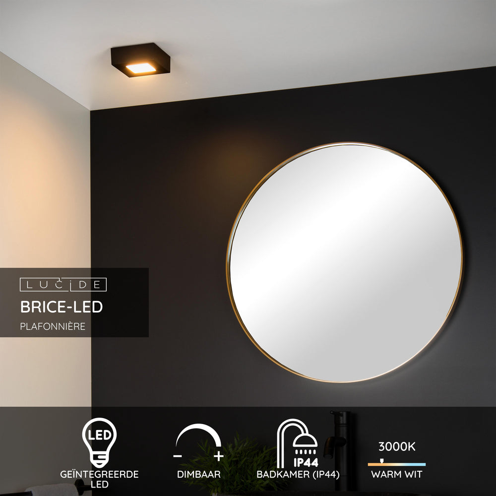 Plafonnier de salle de bain Lucide BRICE LED, dimmable 8W 3000K, IP44, finition carrée noire