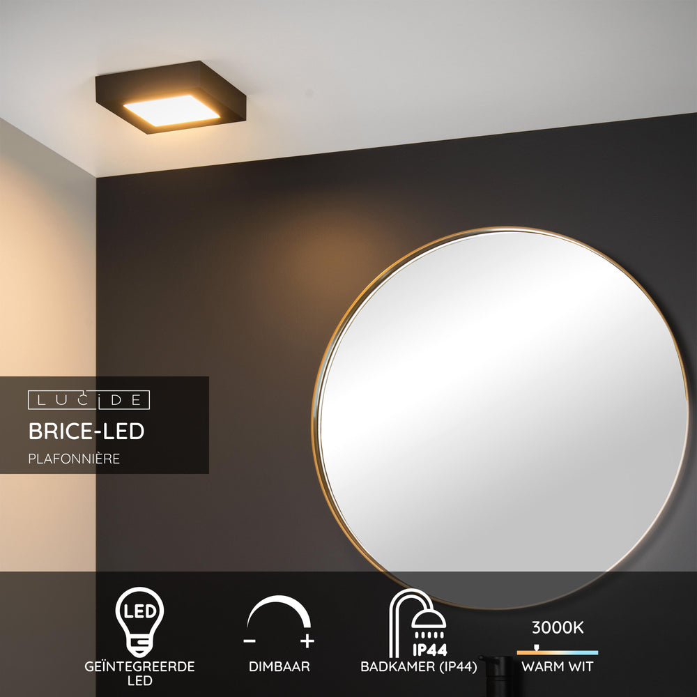 Lucide BRICE plafonnier LED de salle de bain, dimmable 15W 3000K, IP44, carré finition noir mat