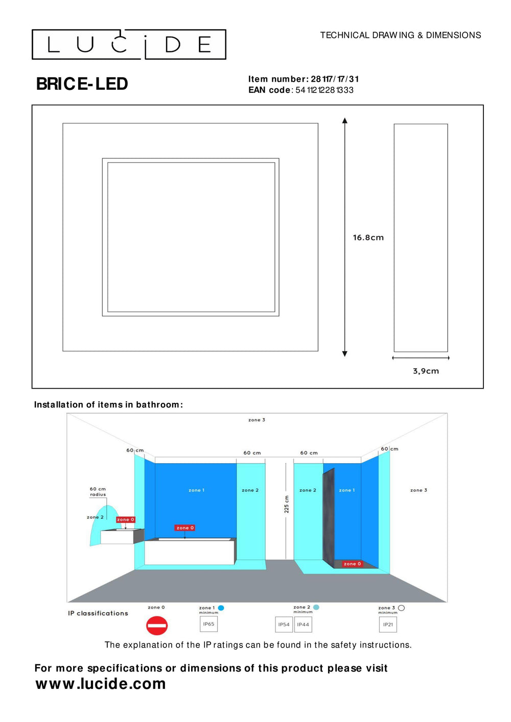 Plafonnier de salle de bain Lucide BRICE LED, dimmable 15W 3000K, IP44, finition carrée blanc mat