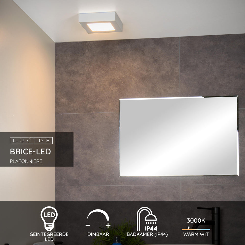Plafonnier de salle de bain Lucide BRICE LED, dimmable 15W 3000K, IP44, finition carrée blanc mat