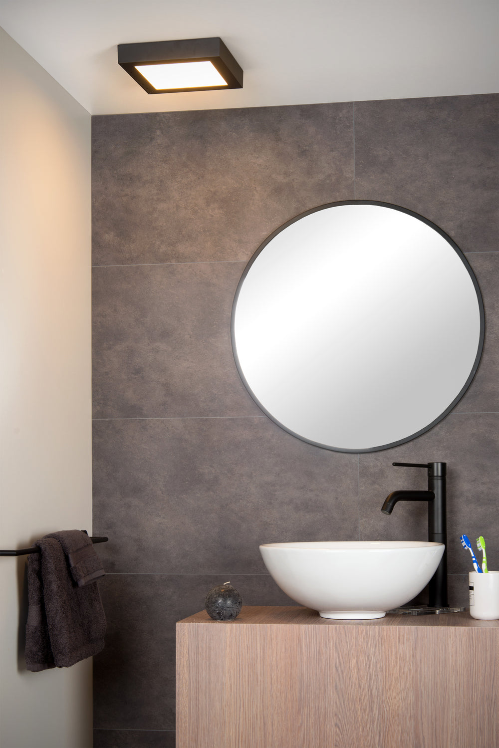 Lucide BRICE LED badkamer plafondlamp, dimbaar 22W 3000K IP44, vierkant 220mm Mat Zwart