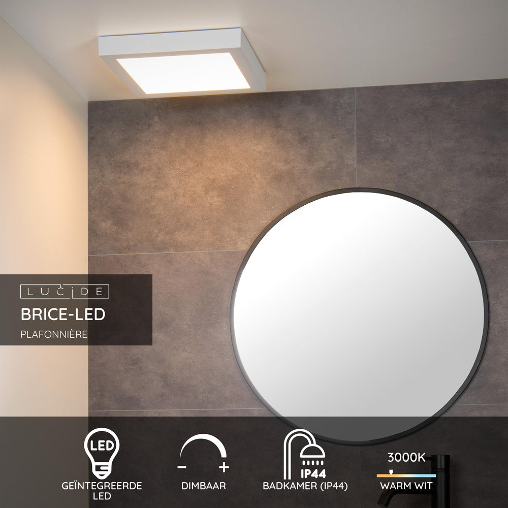 Lucide BRICE LED badkamer plafondlamp, dimbaar 30W 3000K, IP44, Wit, modern vierkant design