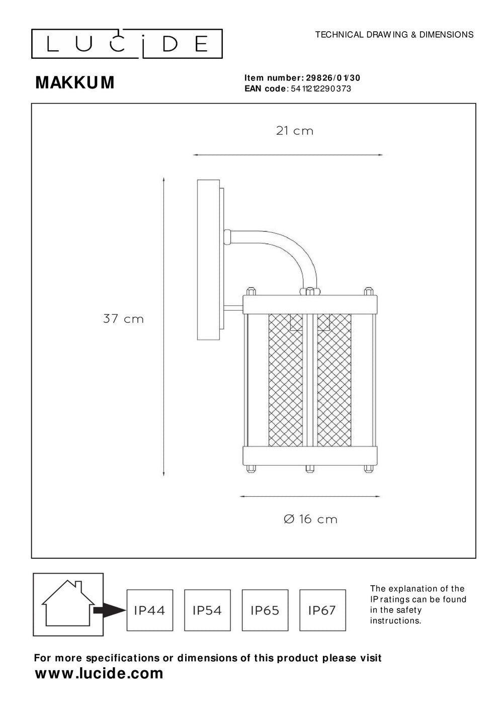 Lucide Makkum wandlamp, 1xE27, IP23 buiten binnen lamp, Mat Zwart metaal, 220-240V, 60W max