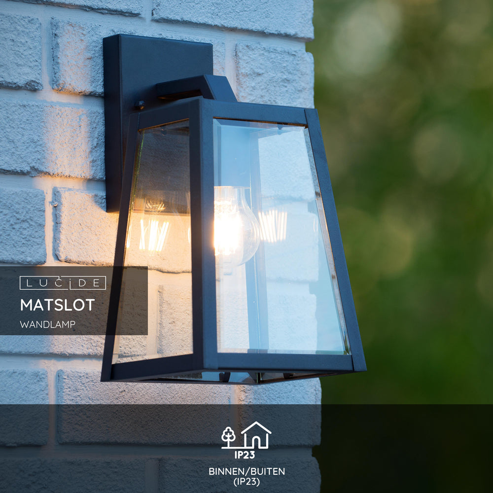 Lucide MATSLOT wandlamp binnen buiten, E27 fitting, 60W max, IP23, Mat Zwart metalen trapezium ontwerp