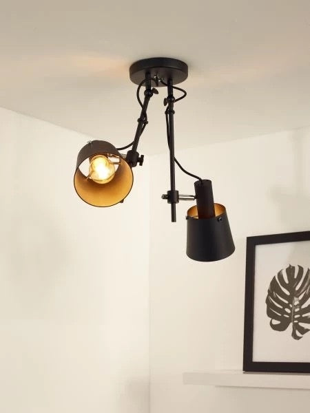 Spot plafond Lucide QUINNY 2xE27 Acier noir, orientable et inclinable, IP20 éclairage intérieur style industriel