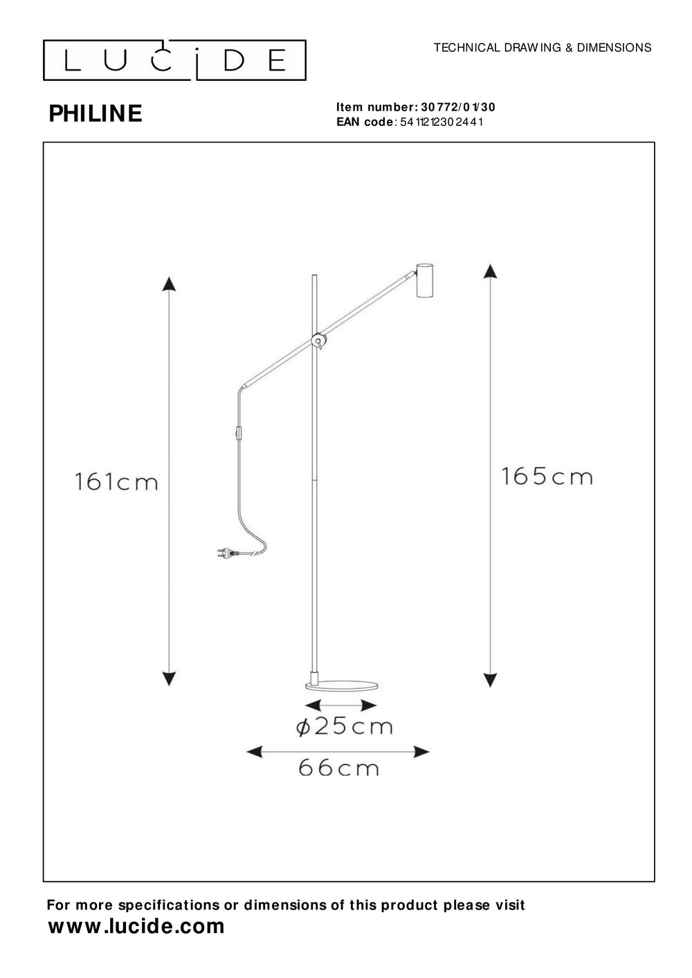 Lucide PHILINE lampe de lecture sur pied moderne, 1xGU10, compatible LED, hauteur réglable, Noir Mat avec tête Dorée